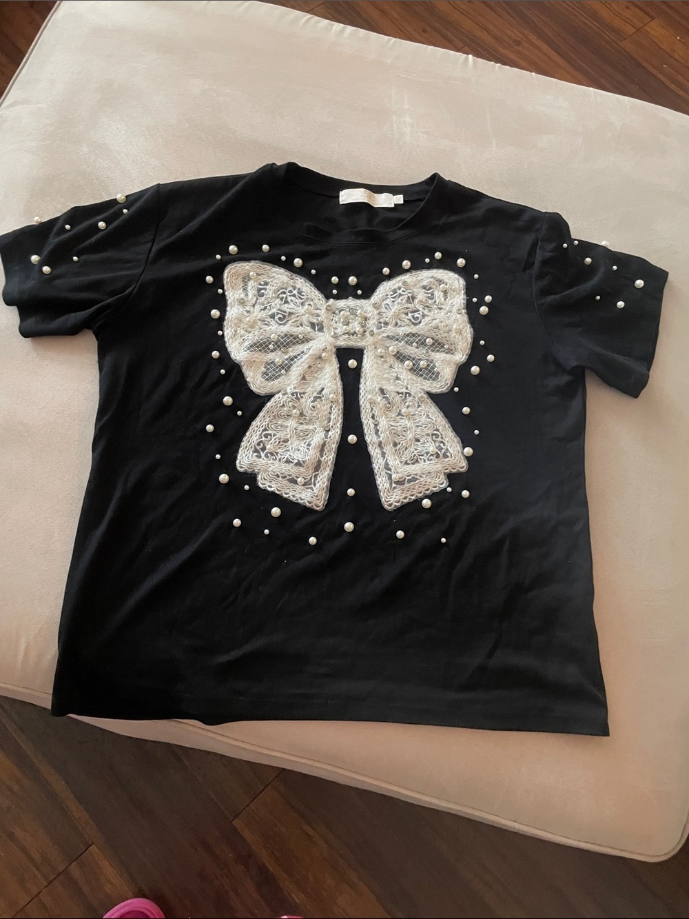 Girls Black Tee with Lace Bow and Pearl Accents
